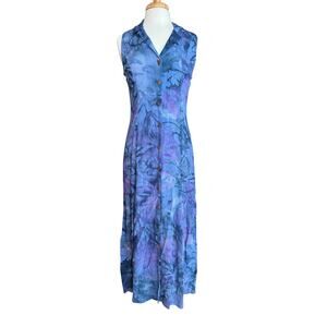 Oceania Blue Tropical Print Button Front Maxi Midi Dress Sleeveless M 90s Y2k